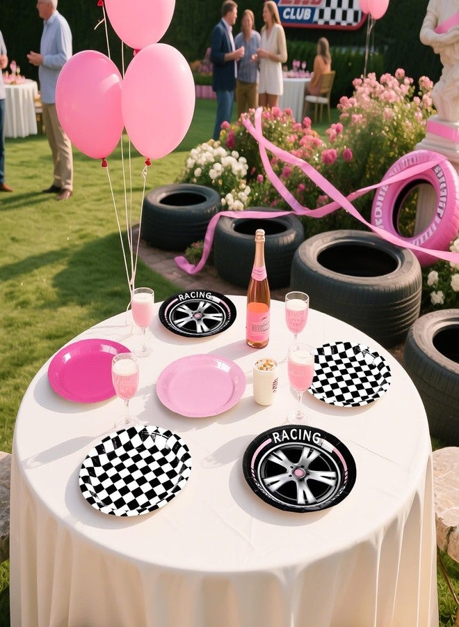 Grencian 60Pcs Pink Race Car Party Plates 9" Racing Party Decorations Pink Black White Checkered Racing Car Paper Plates Disposable for Valentine’s Day Girls Birthday Baby Shower Race Themed Par-ty Supplies - Image 3